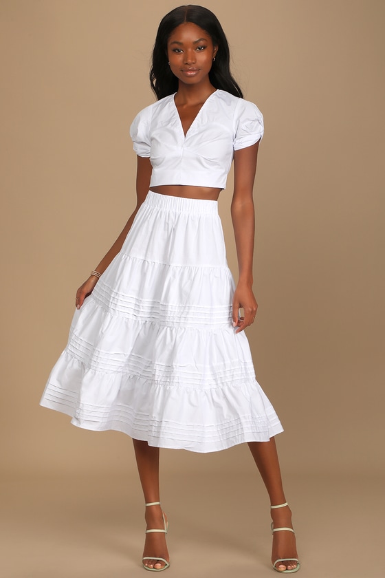 White Midi Skirt - Tiered Midi Skirt ...